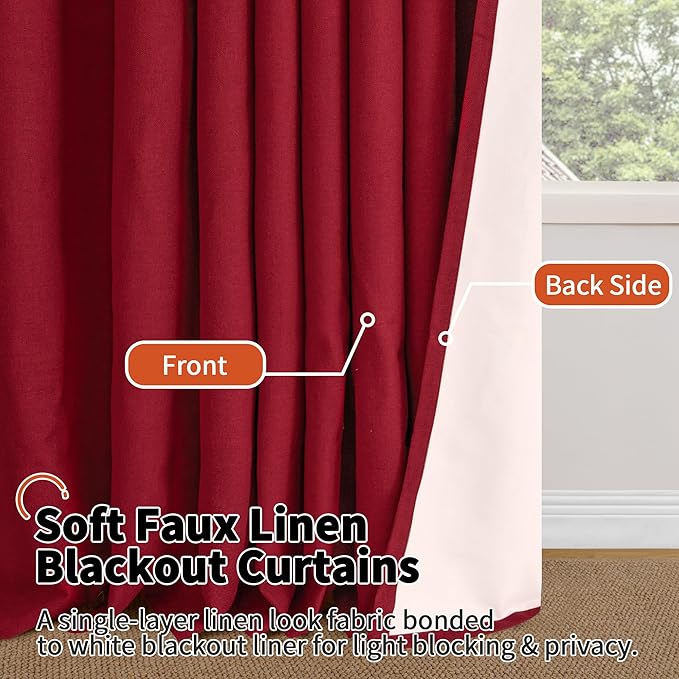 Lajode Red Christmas 100% Linen Blackout Curtains 63 Inch Long 2 Panels, Thick Heavy Thermal Insulated Cold Blocking Noise Reducing Window Curtains for Winter Decoration, Each 52x63 Inch 2 Panels