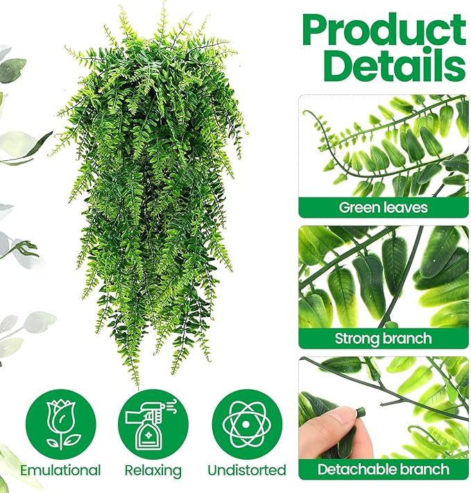 Geosar 42 Pcs Artificial Hanging Plants 32 Inch Hanging Boston Ferns Plastic Fake Plants for Wall Room Garden Wedding Garland Indoor Outdoor Decoration, No Basket