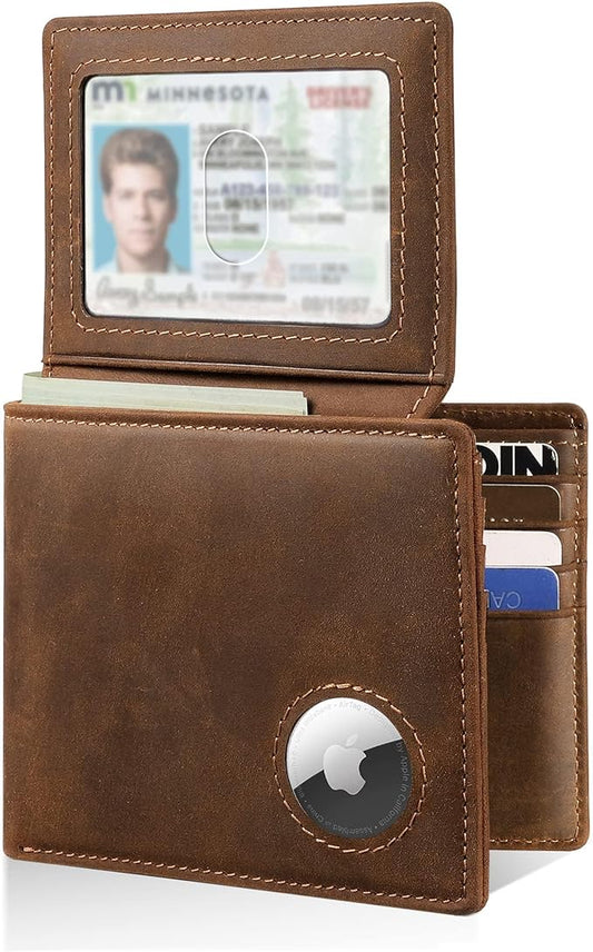 Mens Wallet With AirTag Holder, Bifold Leather RFID Blocking 1-2 ID Windows 12-13 Card Holders, Gift Box and Screen Protector Included, AirTag Not Included