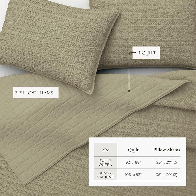 Great Bay Home Full/Queen Size Green 100% Cotton Honeycomb Waffle Quilt and Sham Set - Garment Washed, Waffle Weave Like Texture, Lightweight 3-Piece Bedding Set (Eucalyptus Green)