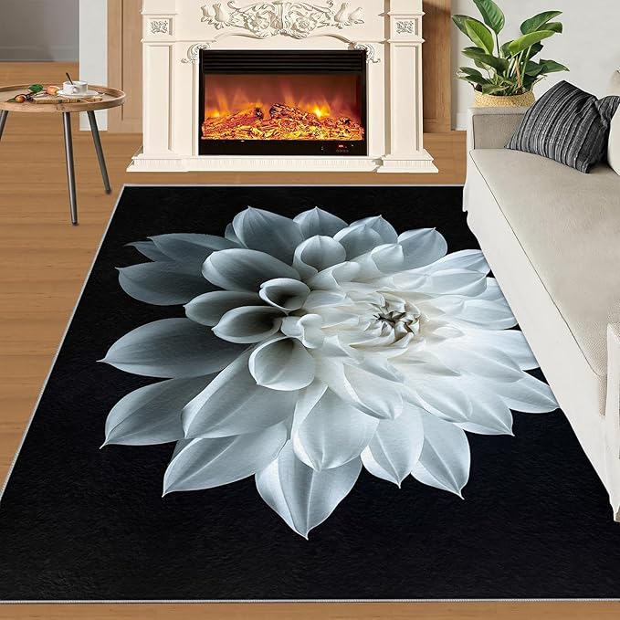 Petals Washable Area Rugs 4x5 Non-Slip Dahlia Living Room Rug White Flower Soft for Carpet Low Pile Indoor Door Mat & Room Decor