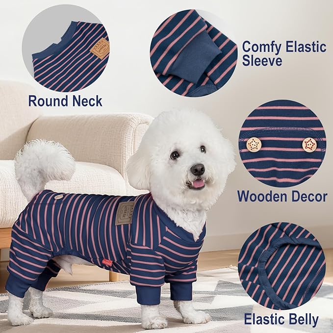 KYEESE Dog Pajamas, Striped Pet PJS Velvet Fleece Doggie Jammies, 4 Legs Outfit Soft Dog Pajamas, Cozy Pet Clothes Onesie, Comfortable PJS for Large Dogs,Navy Blue Striped,XXX-Large