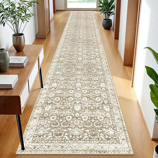 Vintage Runner Rug 2x12, Beige Tan White Washable Long Kitchen Runner Non-Slip Floral Soft Hallway Rug Runner Thin Print Faux Wool Carpet for Entryway Bedroom Laundry Room Indoor Home Decor