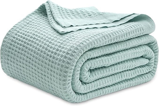 Bedsure Gentlesoft 100% Cotton Blanket Queen Size for Bed - Breathable and Soft, Thick Cozy Waffle Weave Christmas Blanket Gift for Women, Mint, 90x90 Inches