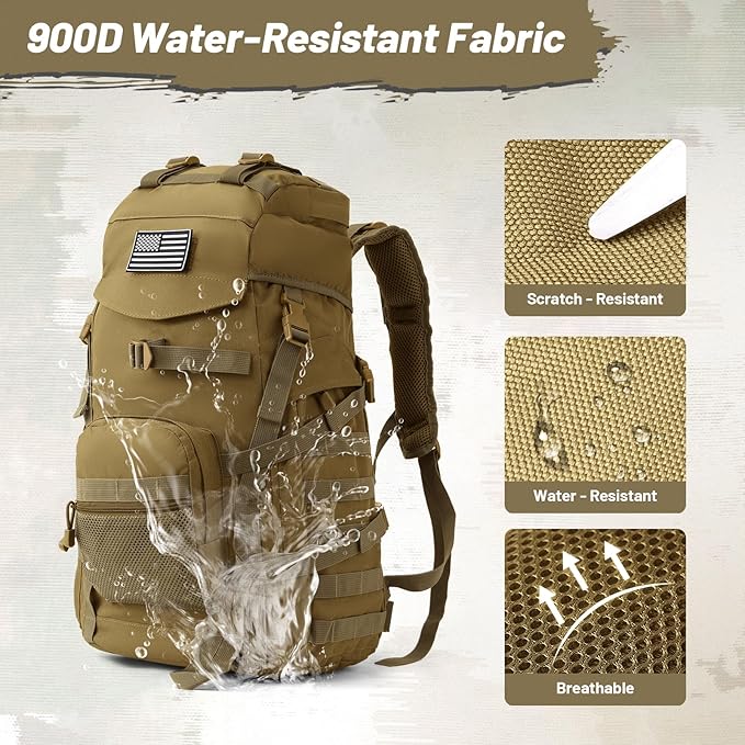 AUMENTAR 50L Tactical Backpack for Men and Women, Water-Resistant Molle Rucksack, Large Military Assault Pack for Hiking, Hunting, Camping, Gym & Outdoor Survival Khaki