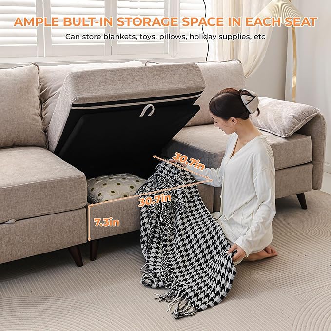 104'' Modular Sectional Sofa with Seats Storage, 3 Seater Sofa Couch with Deep Seat,Oversized Comfy Couch for Living Room,Bedroom,2 Throw Pillow,Chenille,Khaki