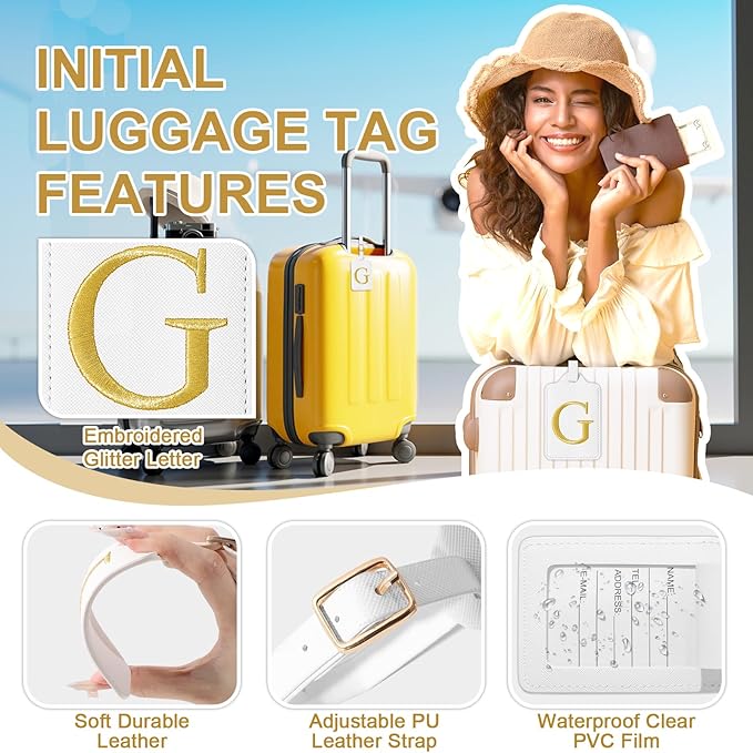 Personalized Initial Luggage Tags for Suitcase TSA Approved, White Leather Cute Luggage Tag with Privacy Cover Name Card, Embroidered Custom Luggage Tags Travel Baggage Tags Gifts for Women Kids(G)