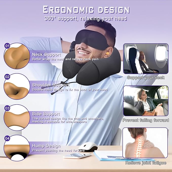 Neck Travel Pillow, Upgraded Memory Foam Pillow for Airplane, Machine Washable, Adjustable Flight Pillow, Suitable for Sleeping Airplane, Car, Office and Home (Pink)