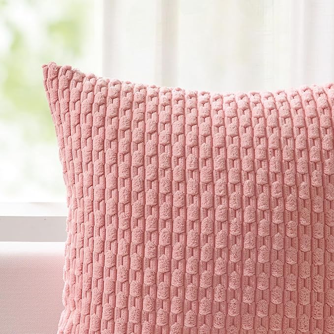 Kevin Textile Valentines Day Decorative Pillow Covers Set of 2 Striped Plush Corduroy Pillows Pillowcases Boho Home Decor Cushion Covers for Couch Sofa Bed Living Room 22x22 Inch, Dark Pink