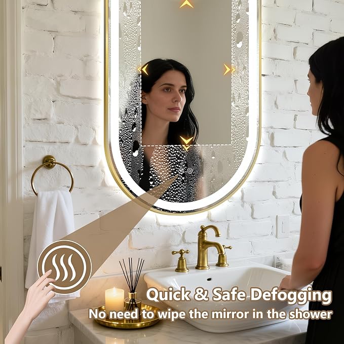 Niccy Oval LED Mirror for Bathroom, 48x24 Front Lit + Backlit Vanity Mirrors with Light Anti-Fog, Shatter-Proof, 3 Colors, Makeup Mirror with Old Gold Frame (Horizontal/Vertical)