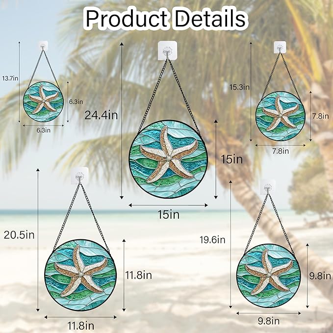 Stained Glass Window Hanging Teal Sea Waves Starfish 6.3" - Suncatcher Door Garden Sun Catcher Home Decor Birthday Mother's Day for Mom Men Woman Parents Her Child Nana
