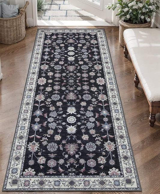 Tangsoo Washable Runner Rug for Hallway Non Slip, 2x5 Boho Floral Vintage Carpet Runner Rugs for Entryway, Floor Low Pile Runners for Kitchen Bathroom Laundry Bedroom Alfombra Black Red Farmhouse