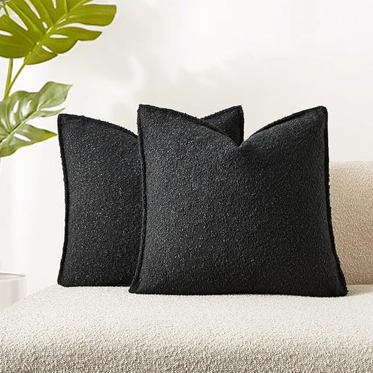 JUSPURBET Black Decorative Pillow Covers 20x20 Set of 2 Throw Pillow Covers for Couch Sofa Bed Cozy Boucle Textured Cushion Covers Cases with Hidden Zipper for Living Room Home Decor