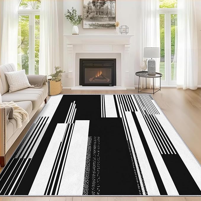 Black and White Stripe Rugs for Home Decor, 6x8 ft, Modern Stripes Area Rugs for Living Room, Soft Non Slip Washable Abstract Striped Carpet Bedroom Decorations Dt-Ghf-31