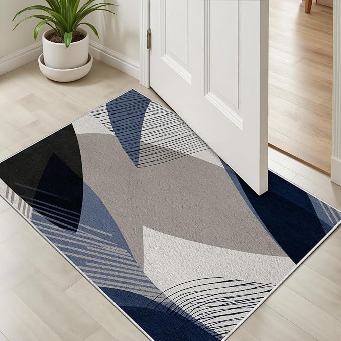 Abstract Art Line Living Room Area Rugs 3x4, Modern Boho Geometric Print Soft Rug, Minimalist Washable Non Slip Neutral Carpet for Bedroom, Dining Room Office Playroom, Navy Blue Gray