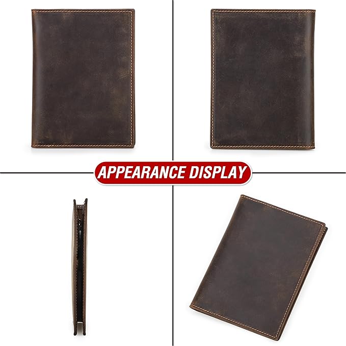 Top Grain Leather Single Travel Passport Wallet Embossing Badge for Unisex, Folio Design for Passport & Multi Cards, RFID Blocking for Passport/Cards/Checks/Bills/AirTag, Coffee Default, DE