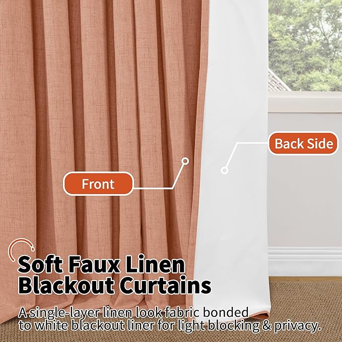 Lajode Terracotta Linen Blackout Curtains 54 Inch Long 2 Panels for Bedroom, Thermal Insulated Total Light Blocking Noise Reducing Window Curtains for Farmhouse Living Room, Each 52x54 Inch 2 Panels