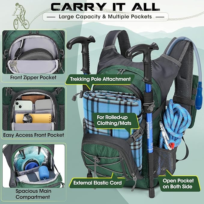 Hydration Backpack with Water Bladder, 18L Lightweight Hiking Backpack for Women&Men Small Insulated Hydration Water Pack for Hiking, Running, Cycling, Biking