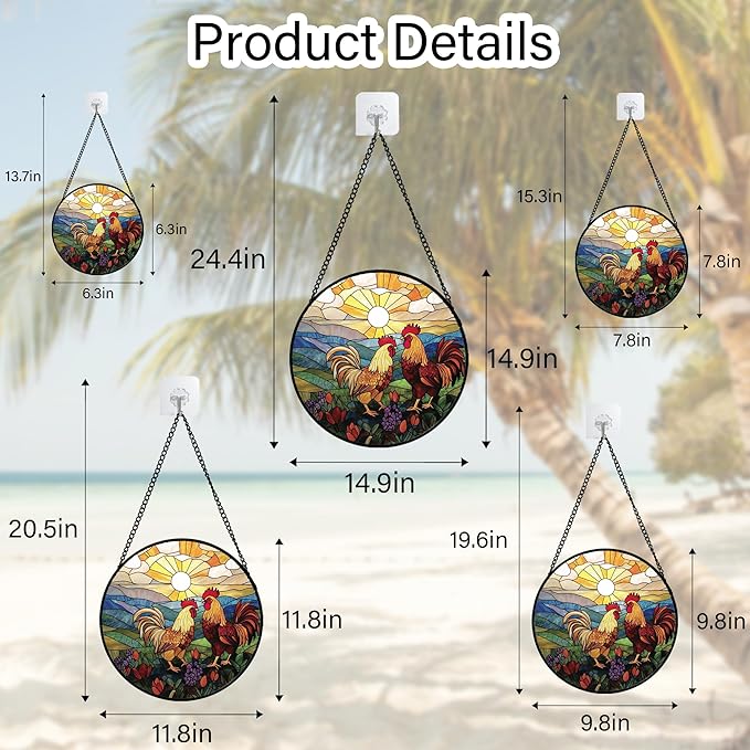 Stained Glass Window Hanging, Countryside Scenery Chicken Sun Catcher for Door Home Decor Sunrise Suncatcher Christmas Mother's Day Birthday Gifts for Women Men Mom Nana 7.8 in