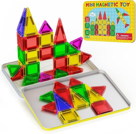 46PCS Mini Magnetic Tiles, Magnetic Tiles Travel Set with Case, STEM Educational Building Set Construction Toys for Kids Ages 3+, Portable Building Toys for Toddlers, Boys & Girls Birthday Gift