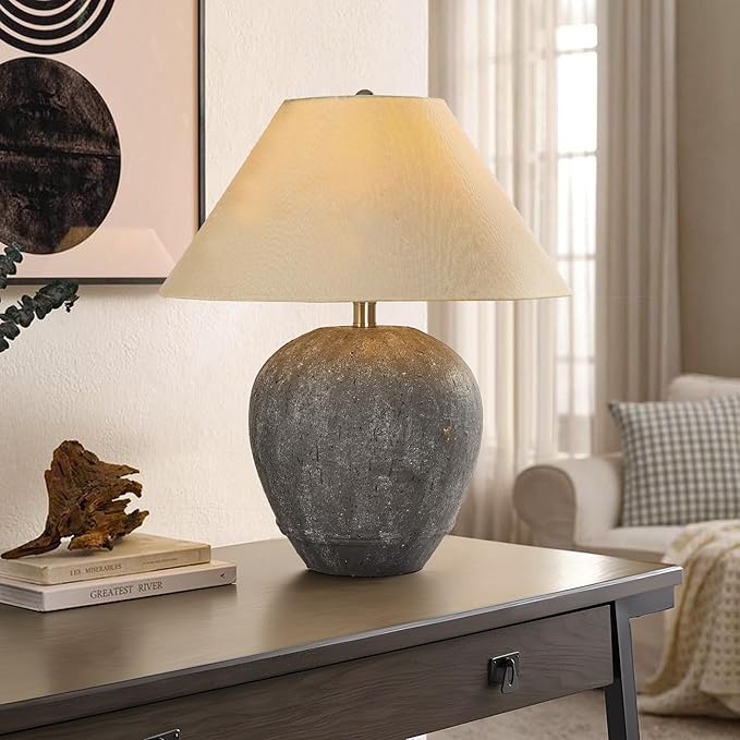 Pia Ricco 21'' Large Gray Base Ceramic Basin Table Lamp for Bedroom, Living Room, Dining Room, Office, White Shade