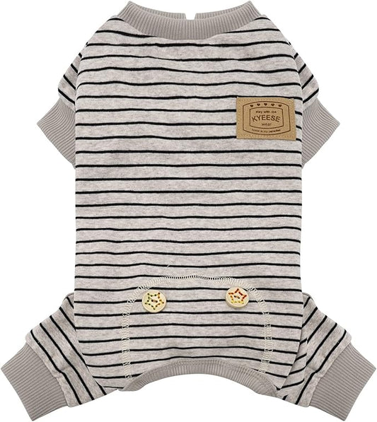 KYEESE Dog Pajamas Stretchable 4 Legs Doggie Jammies Striped Jumpsuit Lightweight Onesie Puppy Pajamas Cozy Outfit Comfortable Dog Clothes Hair Shedding Cover Pet Jammies,Ivory Brown Striped, Medium
