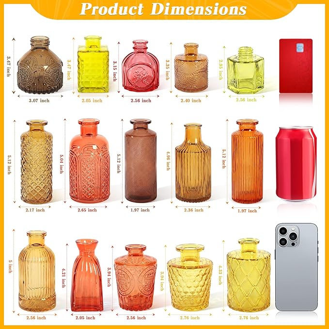 Set of 15 Gold Colored Glass Bud Vases - Small Textured Flower Vases for Centerpieces, Wedding Table Decor, Retro Home Decor Bulk Vase Set for DIY, Events & Gifts