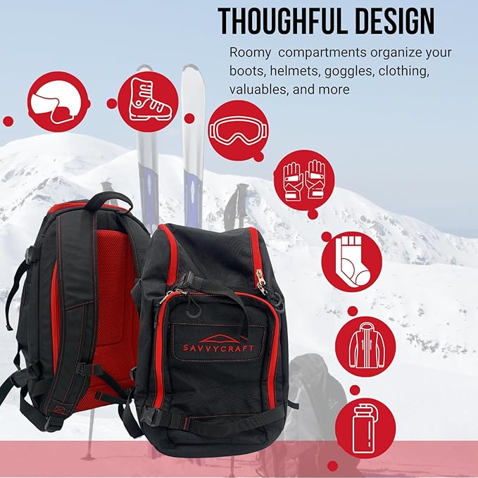 Savvycraft Ski Boot Bag Snowboard Boot Bag, 50L Ski Backpack for Ski and Snowboard Boots, Helmets, Gloves, and Accessories, Lightweight, Durable, Convenient, Red