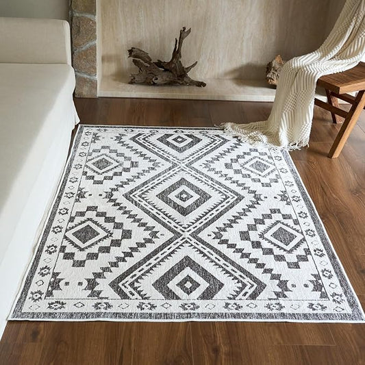 Moroccan Washable Area Rug 4x6, Geometric Decorative Woven Rug Low Pile, Non-Slip Boho Accent Farmhouse Area Rug for Living Room Laundry Bedroom Dining Table, Dark Brown/White