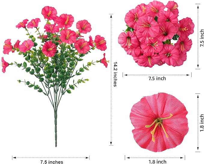 HyeFlora Artificial Flowers for Outdoors Fake Plants Outside Decoration, 12 Bundles Silk Hot Pink Morning Glory UV Resistant Look Real Faux Flowers for Planter Front Door Porch Patio Yard Gardens Home