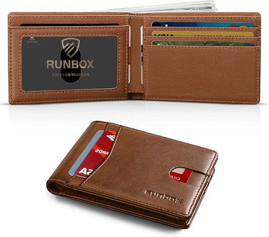 RUNBOX Wallet for Men Slim Leather Bifold RFID Blocking Minimalist Front Pocket Design with Gift Box