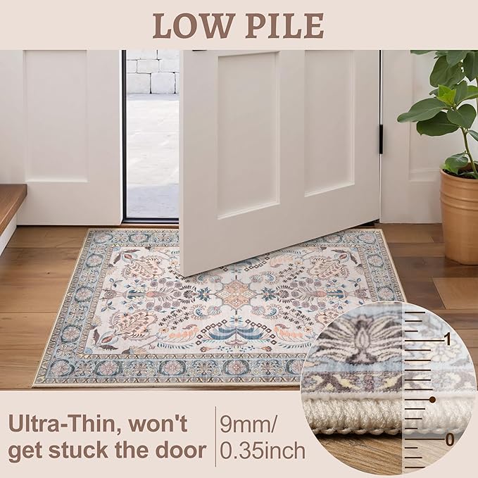 Tangsoo 2x6 Washable Runner Rug for Hallways,Non Slip Vintage Floral Rug Runner, Soft Low Pile Neutral Floor Carpet Runners for Kitchen Bedroom Entryway Living Room Bedside Laundry Home Decor