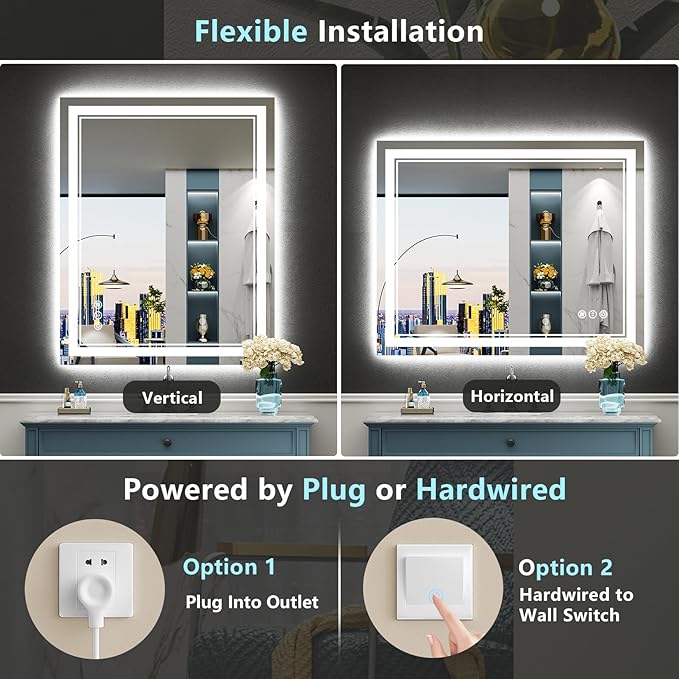 44x32 LED Bathroom Mirror with Lights, Backlit + Front Lit, Anti-Fog Lighted Vanity Mirror for Bathroom Wall with 3 Colors, Dimmable, Memory, Shatter-Proof Tempered Glass, Horizontal/Vertical