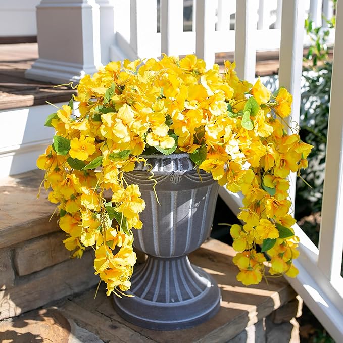 Fake Hibiscus Artificial Hanging Flowers Plants for Outdoors Spring Decoration, 4pcs Silk Hibiscus Vines Realistic UV Resistant Yellow Faux Flowers for Outside Planter Porch Patio Yard Wedding Party
