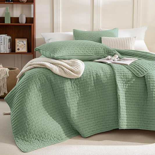 Sanracie Cotton Oversized King Bedspread(128"x120"), Green Ultra Soft Stonewashed Extra Large Wide Oversized Quilt Sets Cross Stitch Lightweight Crinkle Coverlet Set 3Pcs for All Season