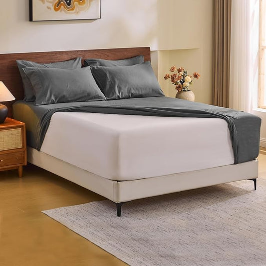 MEISHANG 100% French Pure Linen Sheets King Size - Extra Deep Pocket Sheet Set, Soft Durable Flax Linen, Anti-Tear Breathable & Oeko-Tex Certified 18-24 Deep Pocket,All Season(Dark Grey)