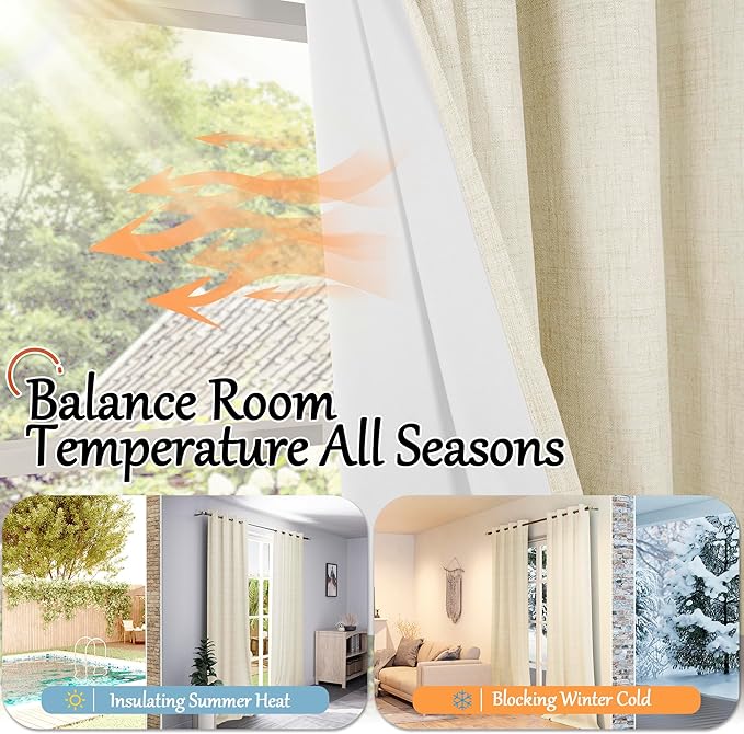 Lajode 45 Inch Length Linen Blackout Curtains for Short Cafe Window, Thermal Insulated Light Blocking Soundproof Privacy Burlap Curtains 2 Panels, Each 38 Inch Wide Cream