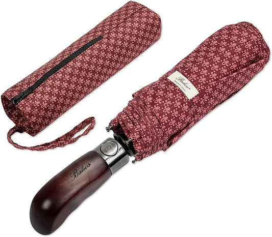 Balios Travel Folding Umbrella with Real Wood Handle Auto Open Close Vented Windproof Canopy - Designed in UK