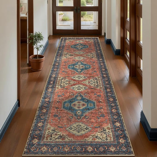 Tangsoo 2.6x10 Washable Runner Rug for Hallways, Non Slip Vintage Runner Rug, Soft Low Pile Long Rug Runner, Print Distressed Carpet Runners for Kitchen Bedroom Entryway Living Room Terracotta