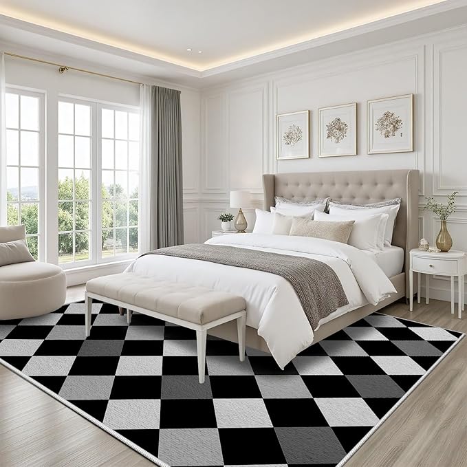 Black and White Rug 2x3, Rhombus Geometric Soft Ultra Soft Faux Wool Low Pile Rug, Indoor Floor Mats Carpet, Non-Slip Stain Resistant Washable Rugs, Modern Abstract Checkered Rugs for Living Room