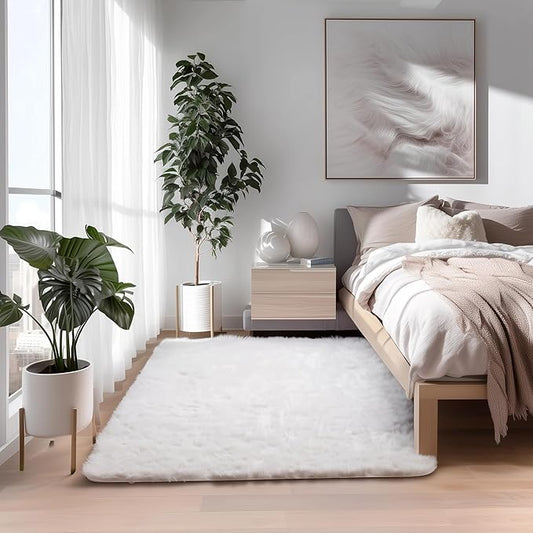 Super Area Rugs 3x5 White Faux Fur Shag Rug for Bedroom, Living Room - Silky Soft Shag Rug, Glam Modern Fluffy Carpet