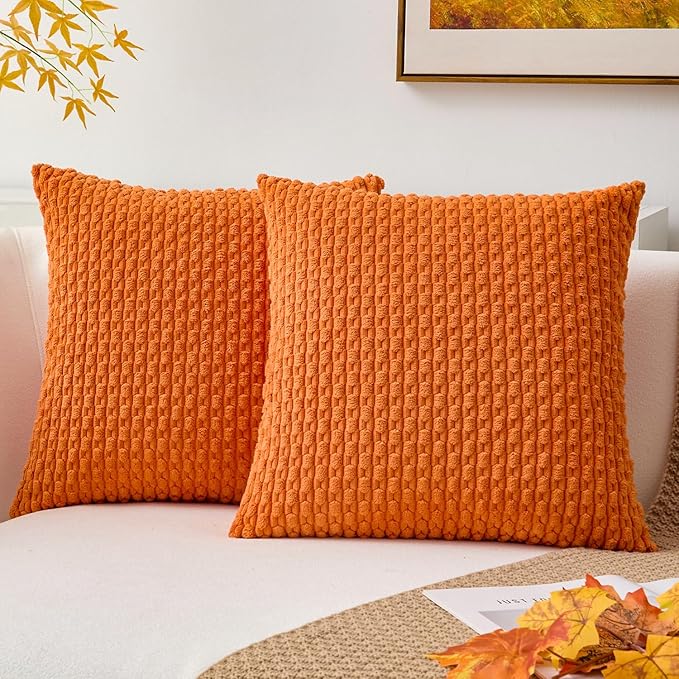 Kevin Textile Fall Pack of 2 Corduroy Decorative Throw Pillow Covers 22x22 Inch Soft Boho Striped Pillow Covers Modern Farmhouse Home Decor for Spring Sofa Living Room Couch Bed Orange
