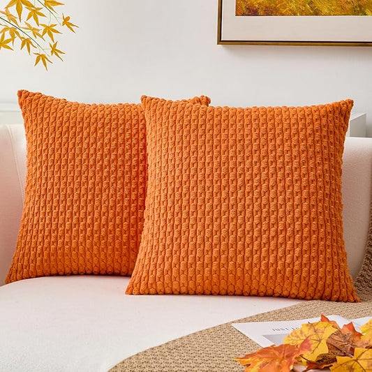 Kevin Textile Fall Pack of 2 Corduroy Decorative Throw Pillow Covers 22x22 Inch Soft Boho Striped Pillow Covers Modern Farmhouse Home Decor for Spring Sofa Living Room Couch Bed Orange