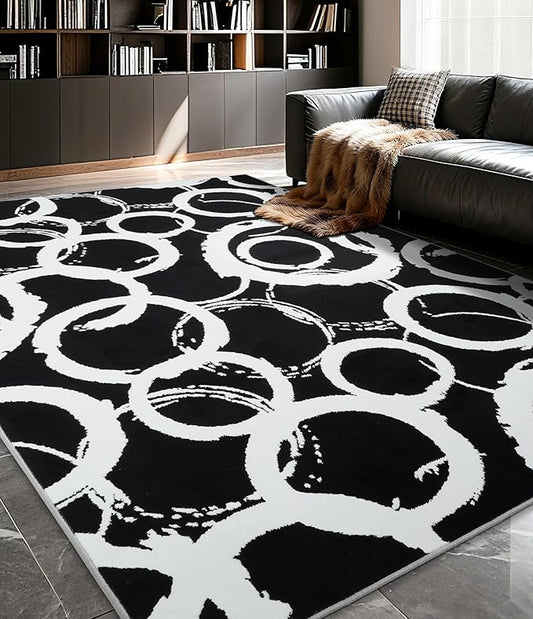 YIHOUSE Black Modern Geometric Area Rug 6x9, Black and White Rug with Abstract Circles,Non-Shedding Washable Rugs for Bedroom, Home Office and Living Room
