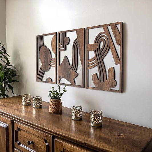 qmmp Modern Wooden Wall Sculptures - Set of 3 - Home Decor Accent - Large Wall Art for Living Room, Bedroom, Office - Easy Installation (Walnut, Medium - Abstract Shapes)