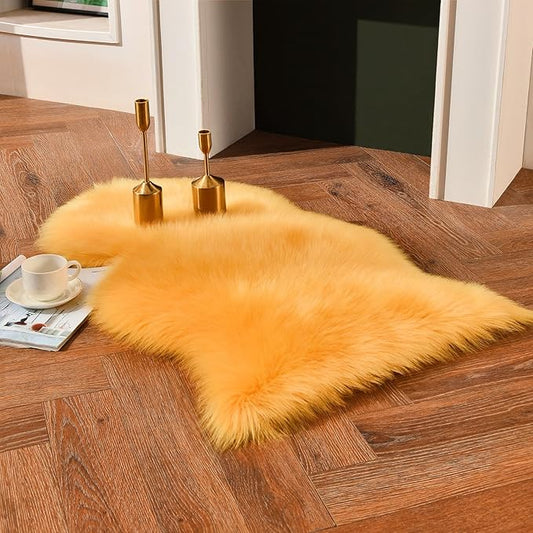 duduta Yellow Faux Sheepskin Throw Rug 2x3 ft, Fluffy Shag Fur Chair Cover Small Bedside Dorm Rug Non Slip Machine Washable