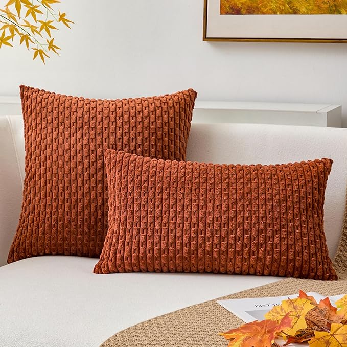 Kevin Textile Fall Throw Pillow Covers Soft Corduroy Decorative Set of 2 Boho Striped Pillow Covers Pillowcases Farmhouse Home Decor for Couch Bed Sofa Living Room 12x20 Inch Rust Brown