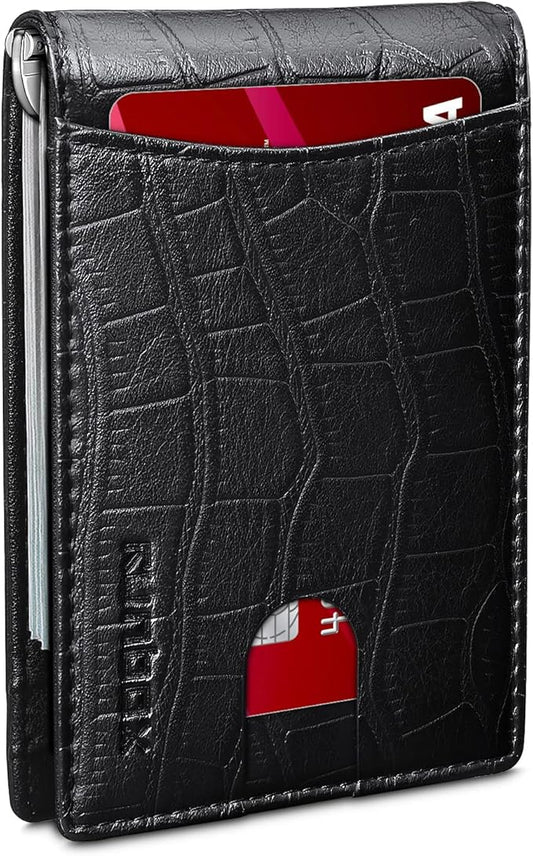RUNBOX Slim Wallet for Men Genuine Leather RFID Blocking Bifold Minimalist Front Pocket Mens Wallet with Money Clip Thin Gift Box