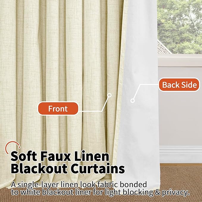 Lajode 45 Inch Length Linen Blackout Curtains for Short Cafe Window, Thermal Insulated Light Blocking Soundproof Privacy Burlap Curtains 2 Panels, Each 38 Inch Wide Cream