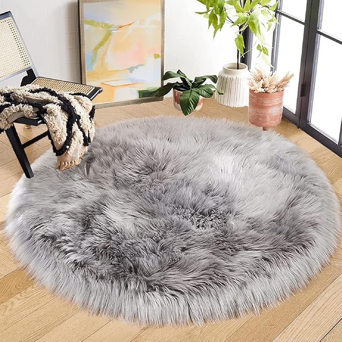 Round Rugs 6ft Silver Grey Fuzzy Faux Sheepskin Washable Furry Fur Area Rugs for Bedroom Large Boho Circle Nursery Rug
